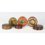 A group of six late 18th/early 19th century French papier-mâché cylindrical snuff boxes, one painted