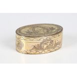 A George III gold plated copper oval snuff box, the hinged lid, sides and base engraved with