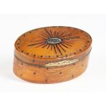 A George III blond tortoiseshell oval snuff box, the hinged lid piqué inlaid with an initialled