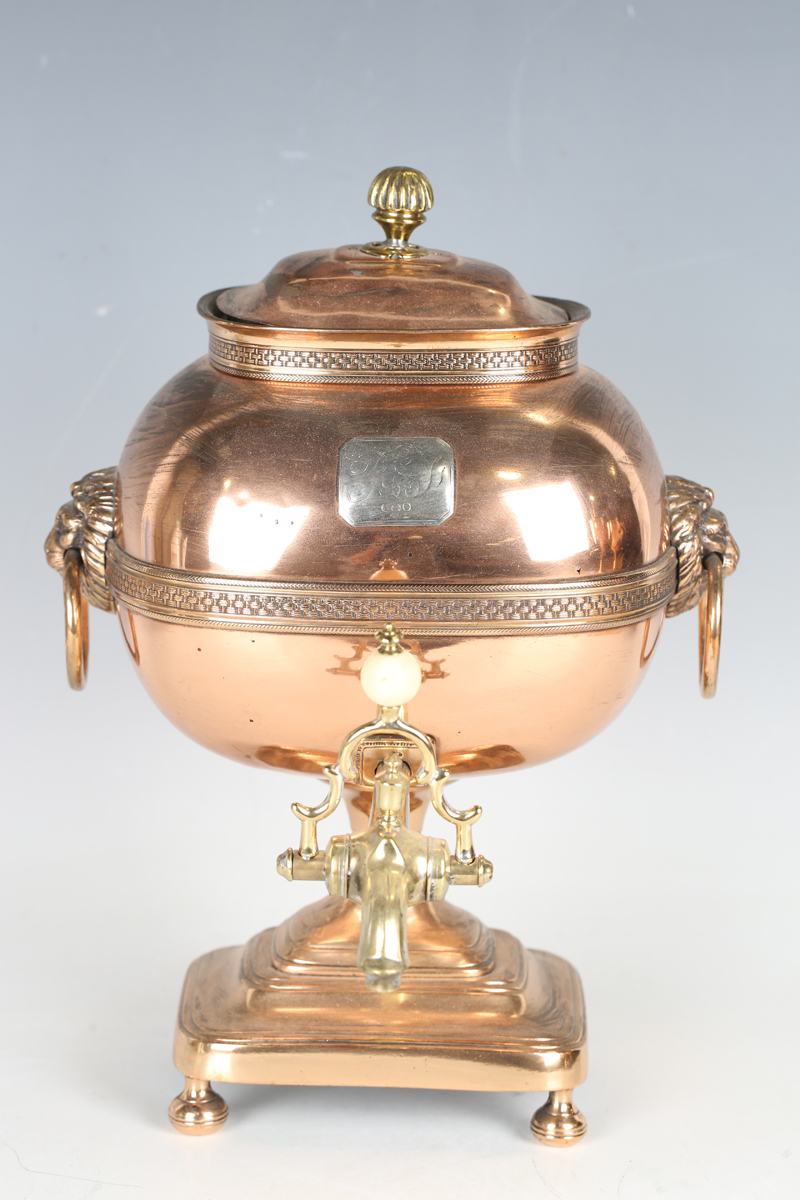 A Regency copper samovar, the body with applied silver plaque and finely cast lion mask handles, - Image 23 of 25