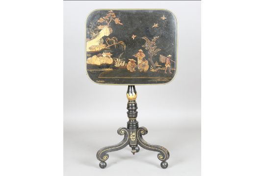 A Regency black and gilt chinoiserie tip-top wine table, the brass mounted top on a turned stem - Image 1 of 13