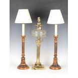 An Edwardian brass and clear cut glass table oil lamp of Corinthian column form, converted to