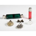 A Victorian Bristol green glass and silver mounted double-ended scent bottle, length 12cm, a late