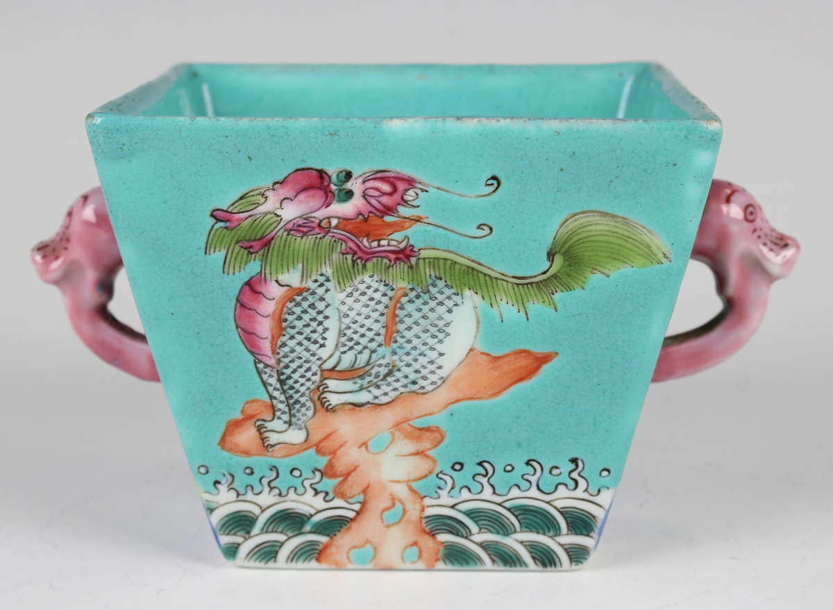 A Chinese famille rose enamelled turquoise ground porcelain two-handled pot, mark of Jiaqing but