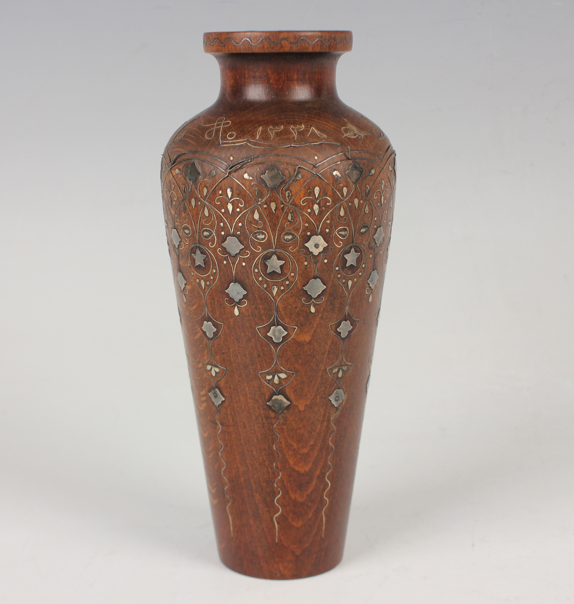 A pair of Islamic inlaid wooden vases, probably Syrian, early 20th century, each shouldered tapering - Image 15 of 28