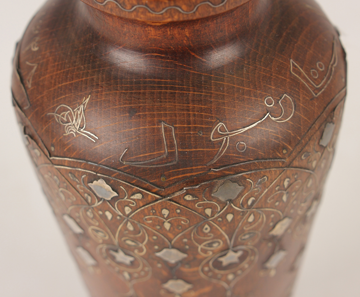 A pair of Islamic inlaid wooden vases, probably Syrian, early 20th century, each shouldered tapering - Image 19 of 28