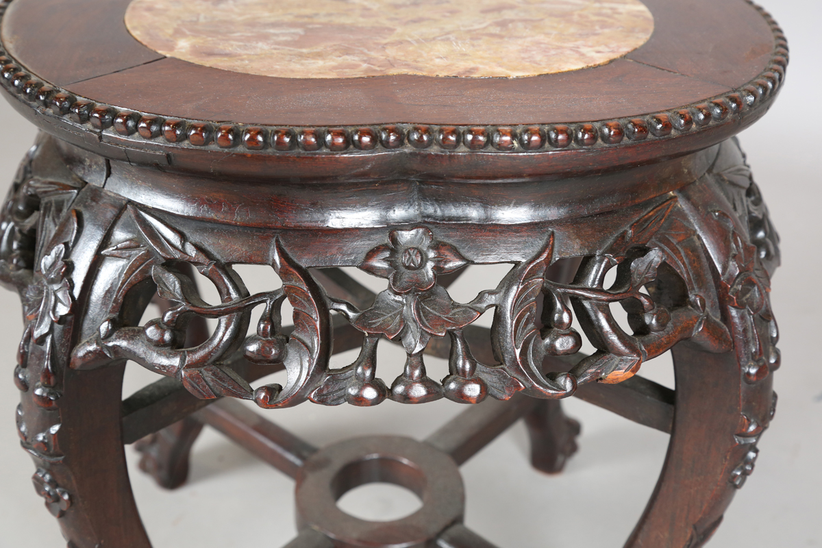 A Chinese hardwood jardinière stand, early 20th century, the lobed top with inset rouge marble panel - Image 10 of 22