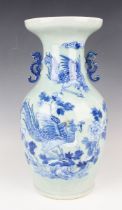 A Chinese blue and white celadon ground porcelain vase, late Qing dynasty, the shouldered body and
