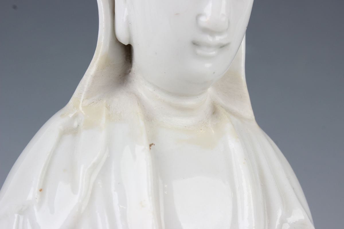 Two Chinese blanc-de-Chine porcelain figures of Guanyin, Qing dynasty, each modelled standing - Image 12 of 18