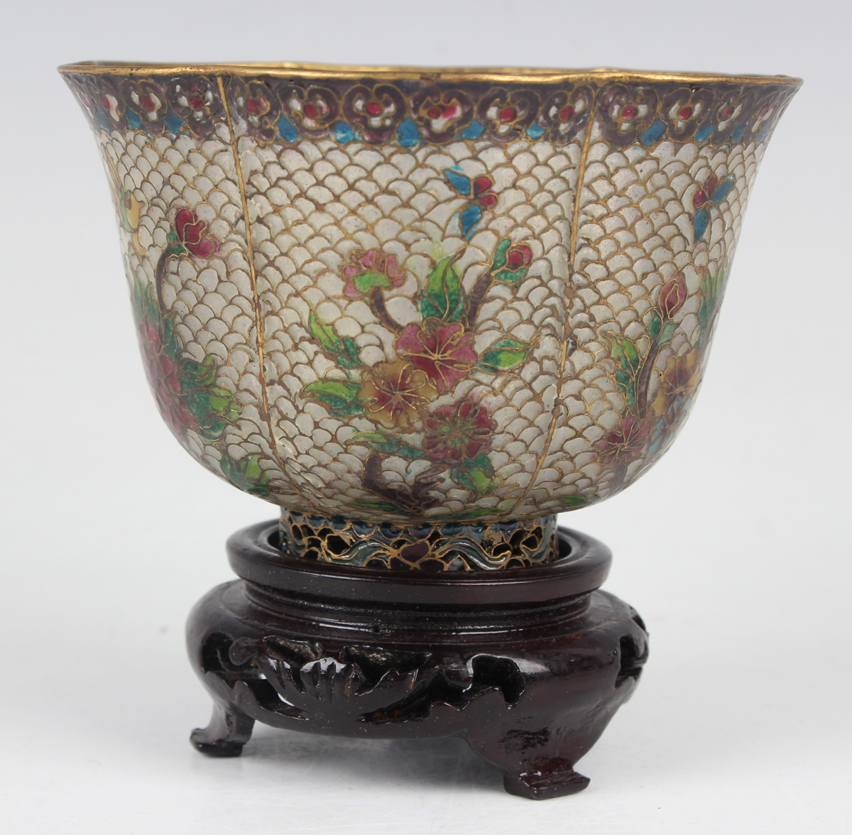 A Chinese plique-à-jour bowl, mid-20th century, of steep-sided lobed form, decorated with flowers, - Image 26 of 29