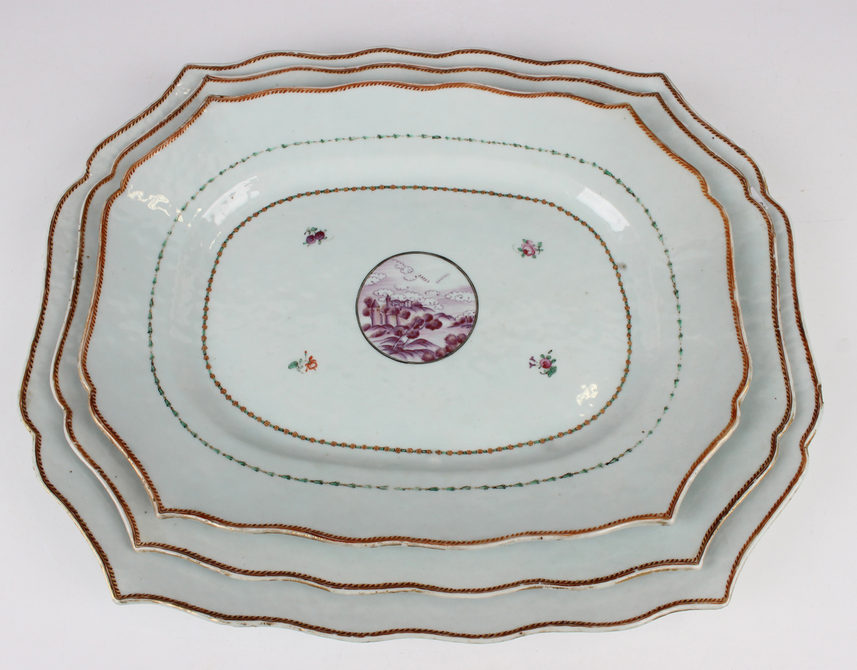 A graduated set of three Chinese export porcelain meat dishes, Qianlong period, each with shaped - Image 2 of 18