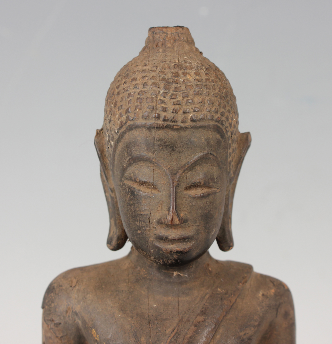 A South-east Asian carved and lacquered wood figure of Buddha, 18th/19th century, modelled seated in - Image 9 of 9