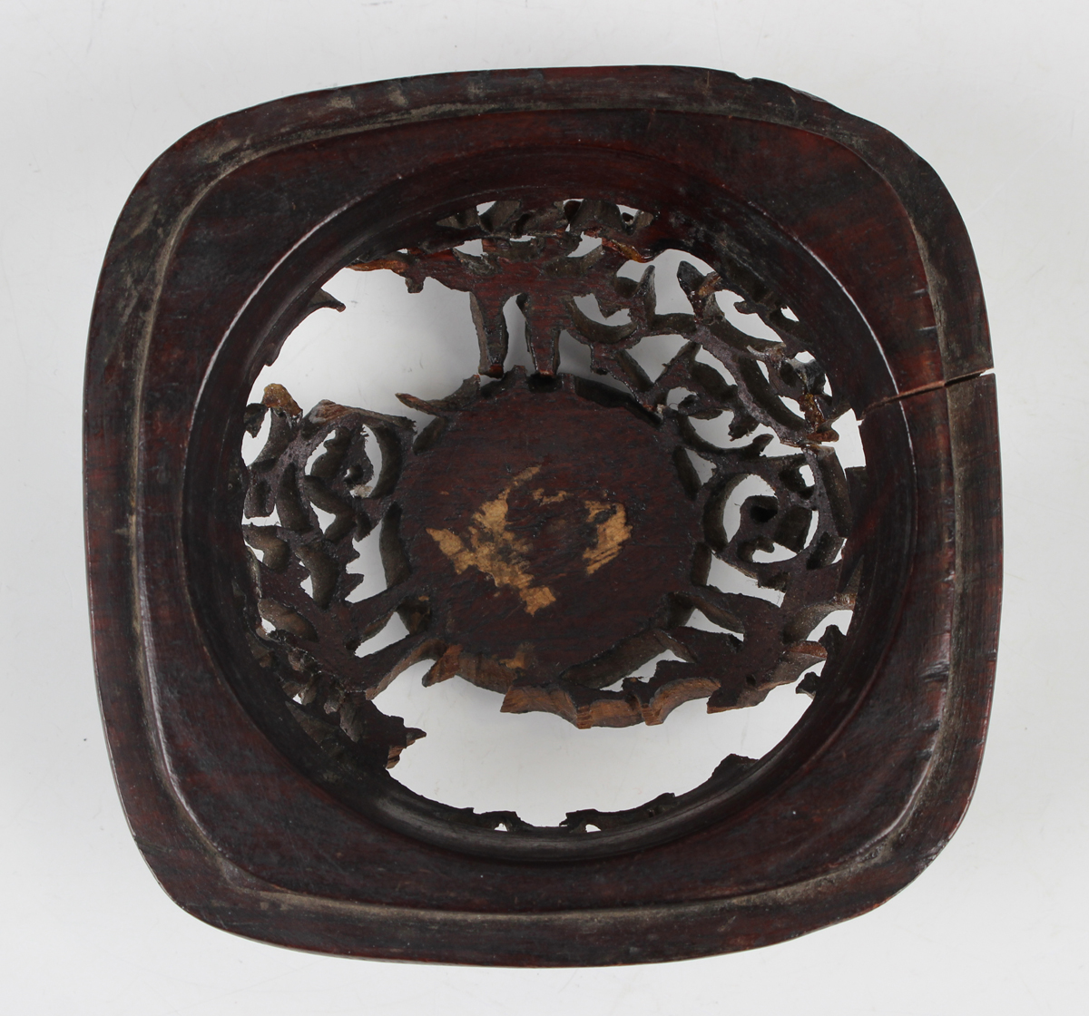 A Chinese brown patinated bronze censer of rounded square form, the body cast with fenghuang panels, - Image 4 of 9