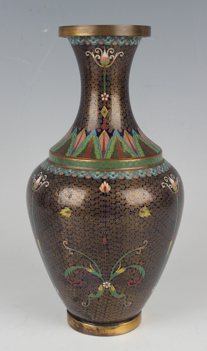 A pair of Chinese cloisonné bottle vases, early 20th century, each ovoid body and flared narrow neck - Image 6 of 12