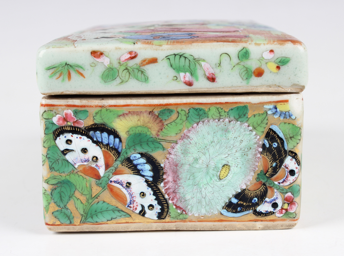 A Chinese Canton famille rose rectangular porcelain box and cover, mid-19th century, the top painted - Image 13 of 16