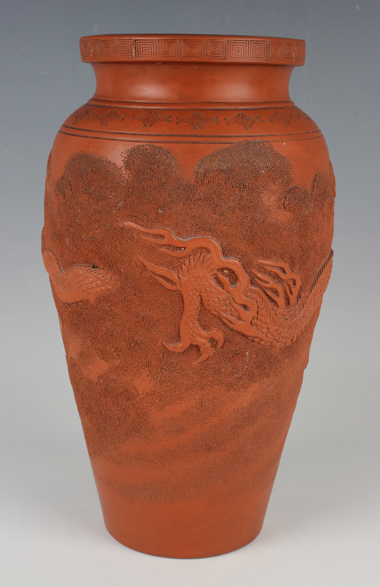 A Japanese red stoneware vase, Meiji period, of shouldered tapering form, modelled in relief with - Image 10 of 11