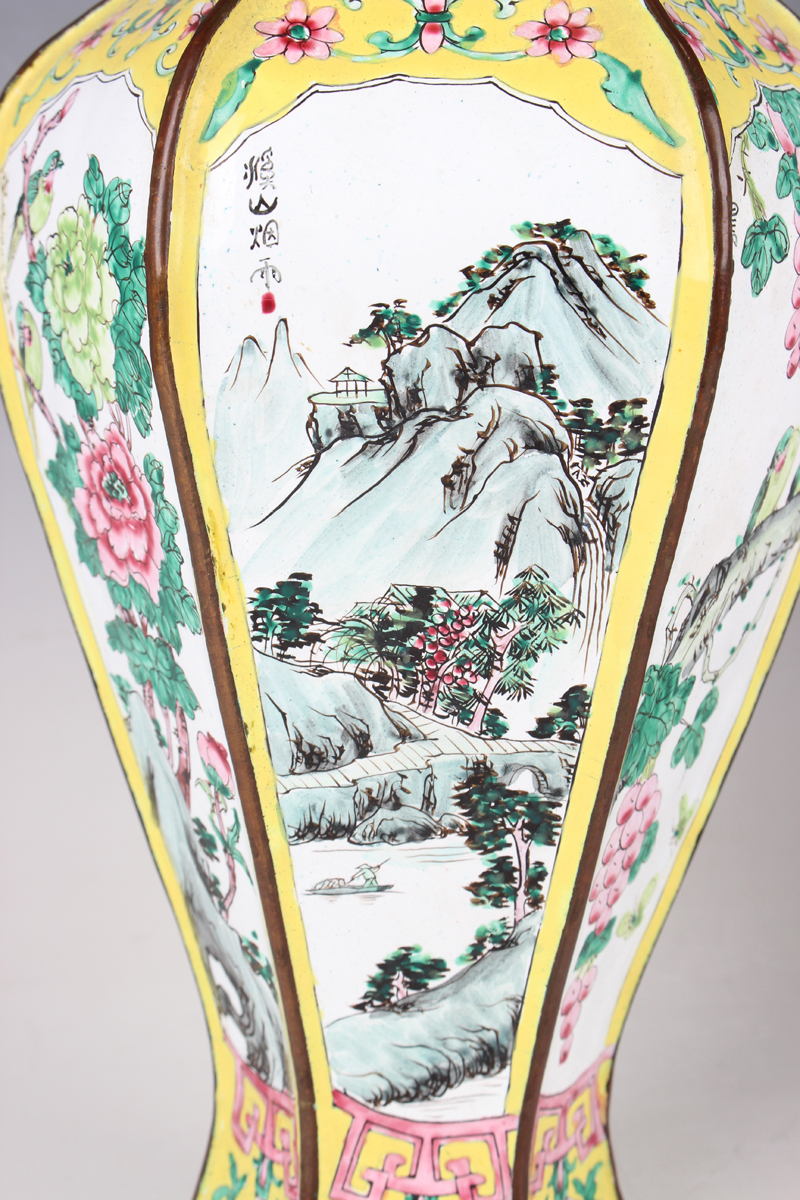 A pair of Chinese Canton enamel vases, 20th century, each of hexagonal baluster form, each facet - Image 7 of 16