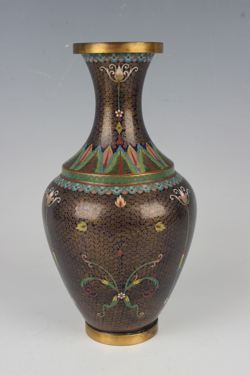 A pair of Chinese cloisonné bottle vases, early 20th century, each ovoid body and flared narrow neck - Image 4 of 12