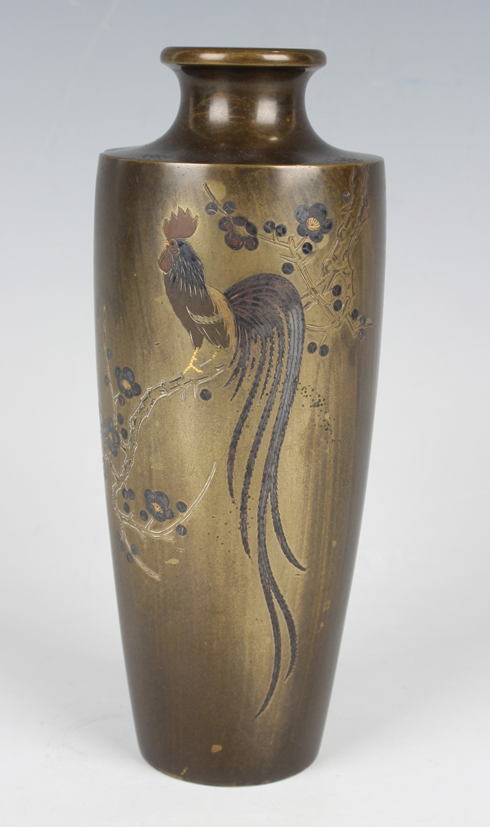 A pair of Japanese mixed metal inlaid bronze vases, Meiji period, each shouldered tapering body - Image 10 of 17