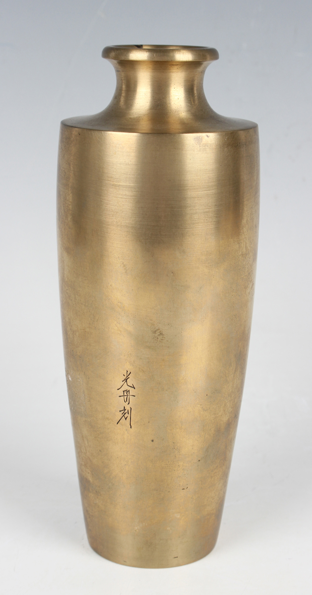 A pair of Japanese mixed metal inlaid bronze vases, Meiji period, each shouldered tapering body - Image 14 of 17
