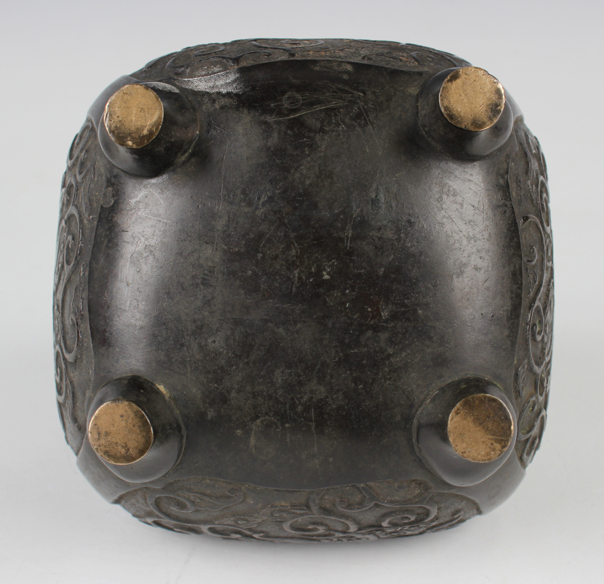 A Chinese brown patinated bronze censer of rounded square form, the body cast with fenghuang panels, - Image 6 of 9