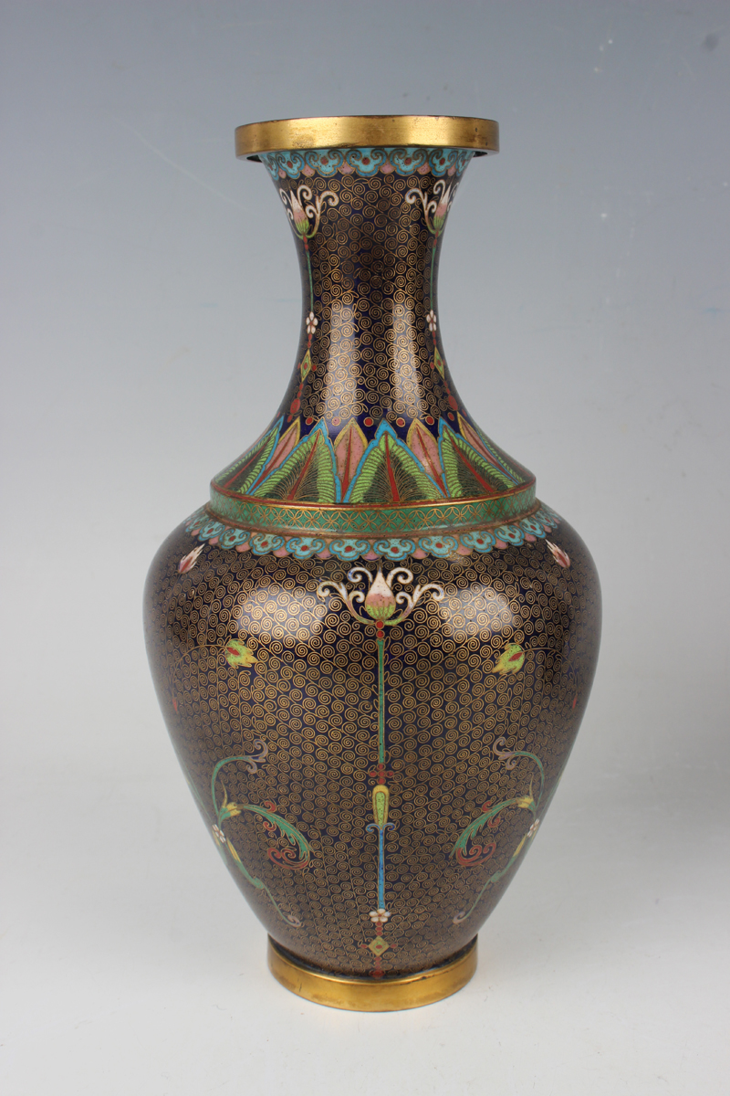 A pair of Chinese cloisonné bottle vases, early 20th century, each ovoid body and flared narrow neck - Image 12 of 12