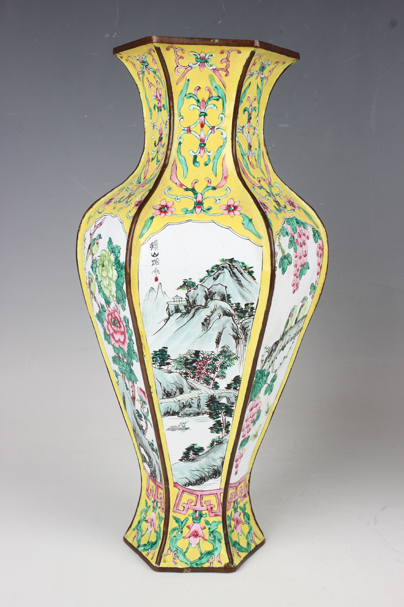 A pair of Chinese Canton enamel vases, 20th century, each of hexagonal baluster form, each facet - Image 8 of 16