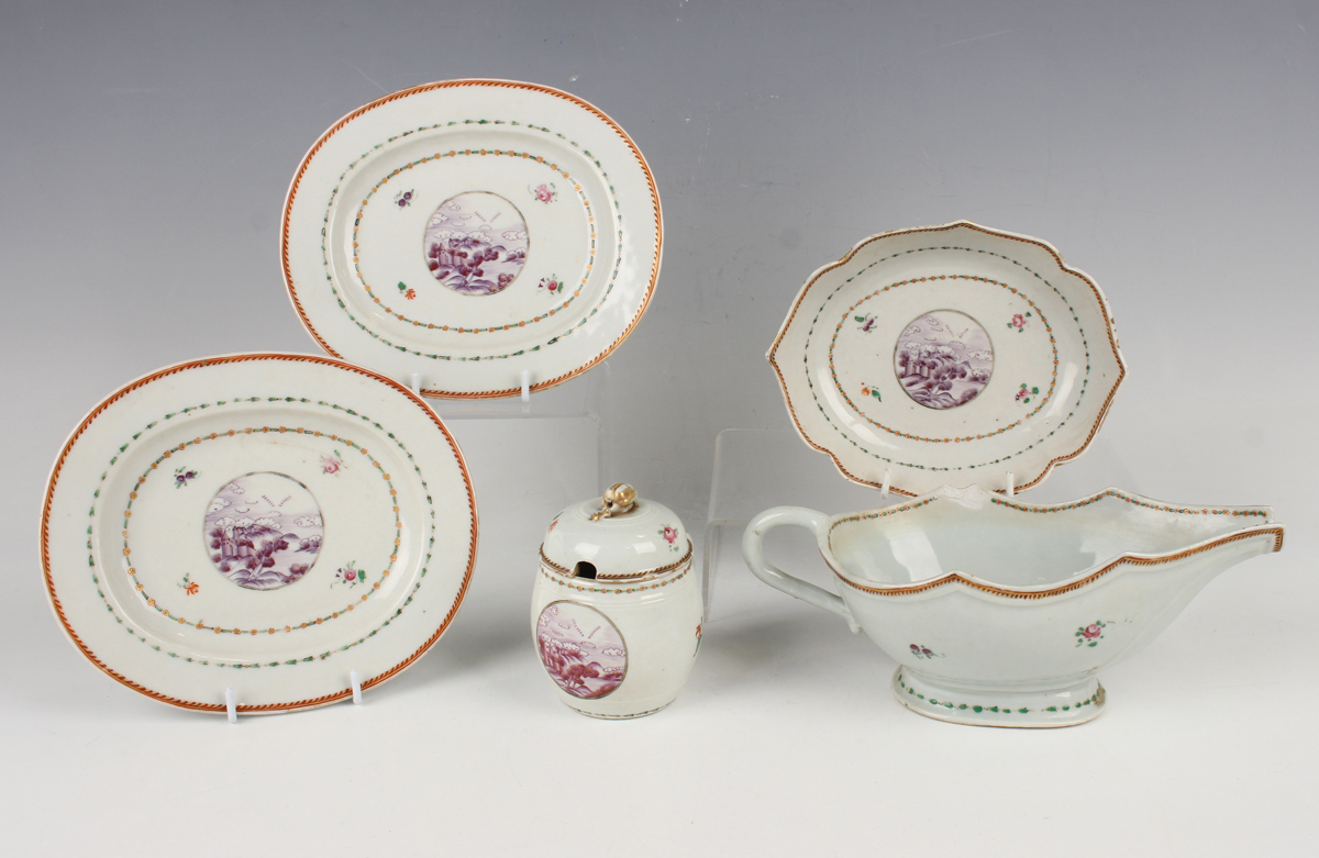 A small group of Chinese export porcelain, Qianlong period, comprising a pair of oval dishes, length