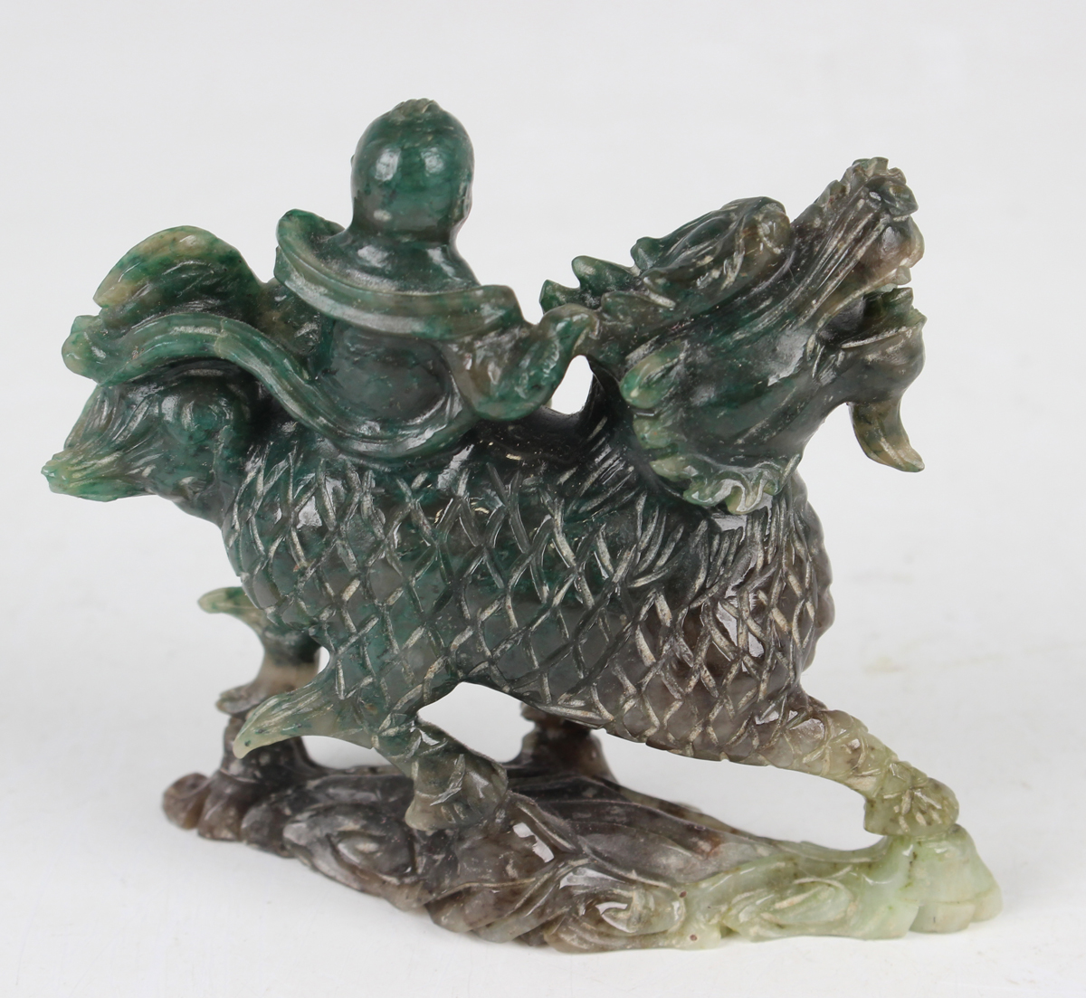 A Chinese jade pendant with wood stand, mid-20th century, the two-piece pendant with carved and - Image 15 of 22