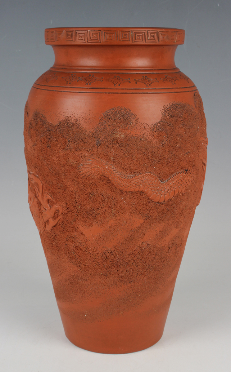 A Japanese red stoneware vase, Meiji period, of shouldered tapering form, modelled in relief with - Image 11 of 11