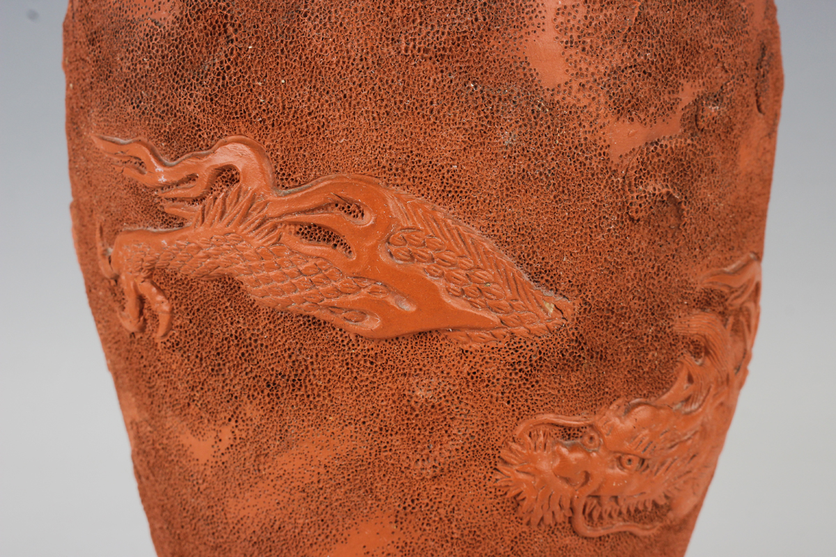 A Japanese red stoneware vase, Meiji period, of shouldered tapering form, modelled in relief with - Image 5 of 11