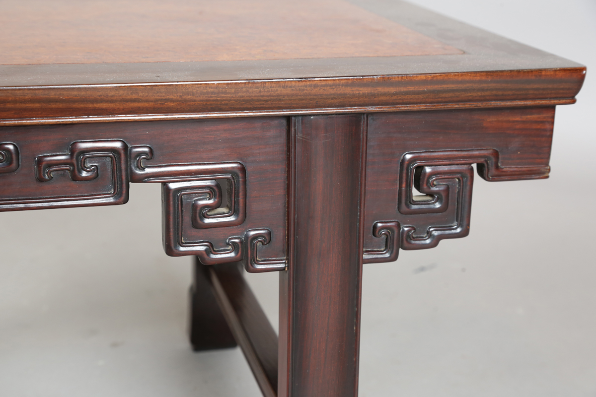 A Chinese hardwood low table, 20th century, the rectangular top inset with a burr wood panel, the - Image 15 of 20