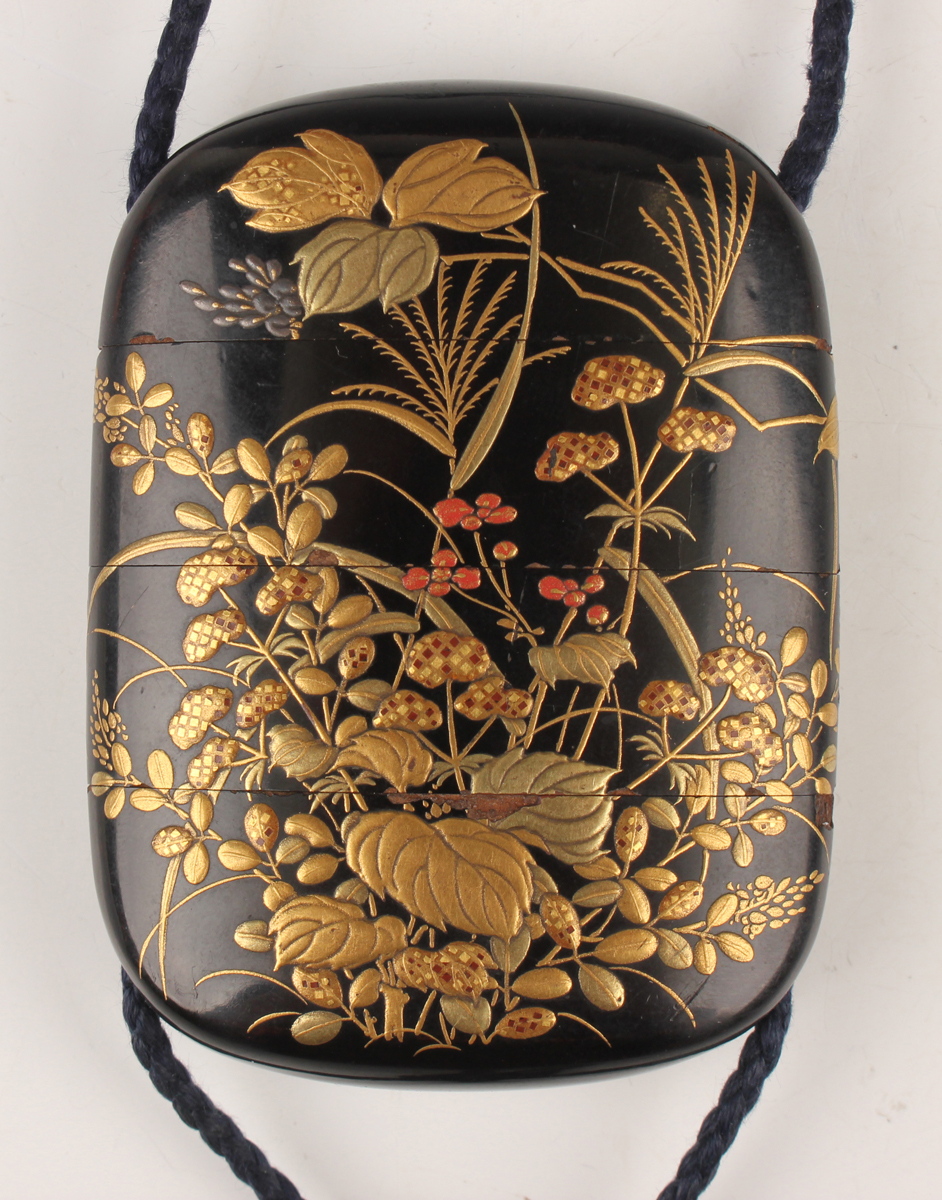 A Japanese lacquer three-case inro, Meiji period, of flattened oblong form, each side finely - Image 6 of 8