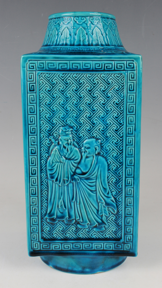 A Chinese turquoise glazed porcelain cong vase, late 19th century, each side moulded in relief - Image 10 of 10