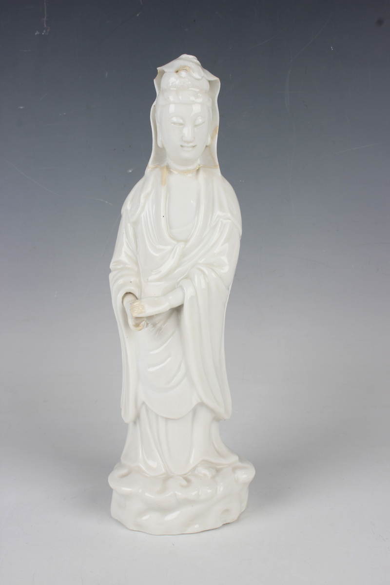 Two Chinese blanc-de-Chine porcelain figures of Guanyin, Qing dynasty, each modelled standing - Image 9 of 18