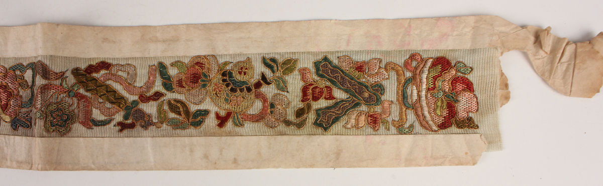 A small collection of Chinese export silkwork, late Qing dynasty, including a collar, decorated with - Image 3 of 43