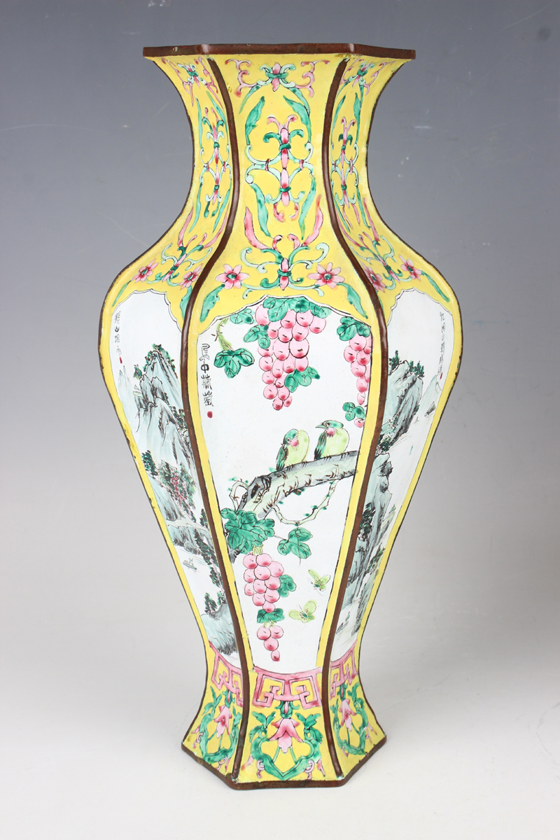 A pair of Chinese Canton enamel vases, 20th century, each of hexagonal baluster form, each facet - Image 6 of 16
