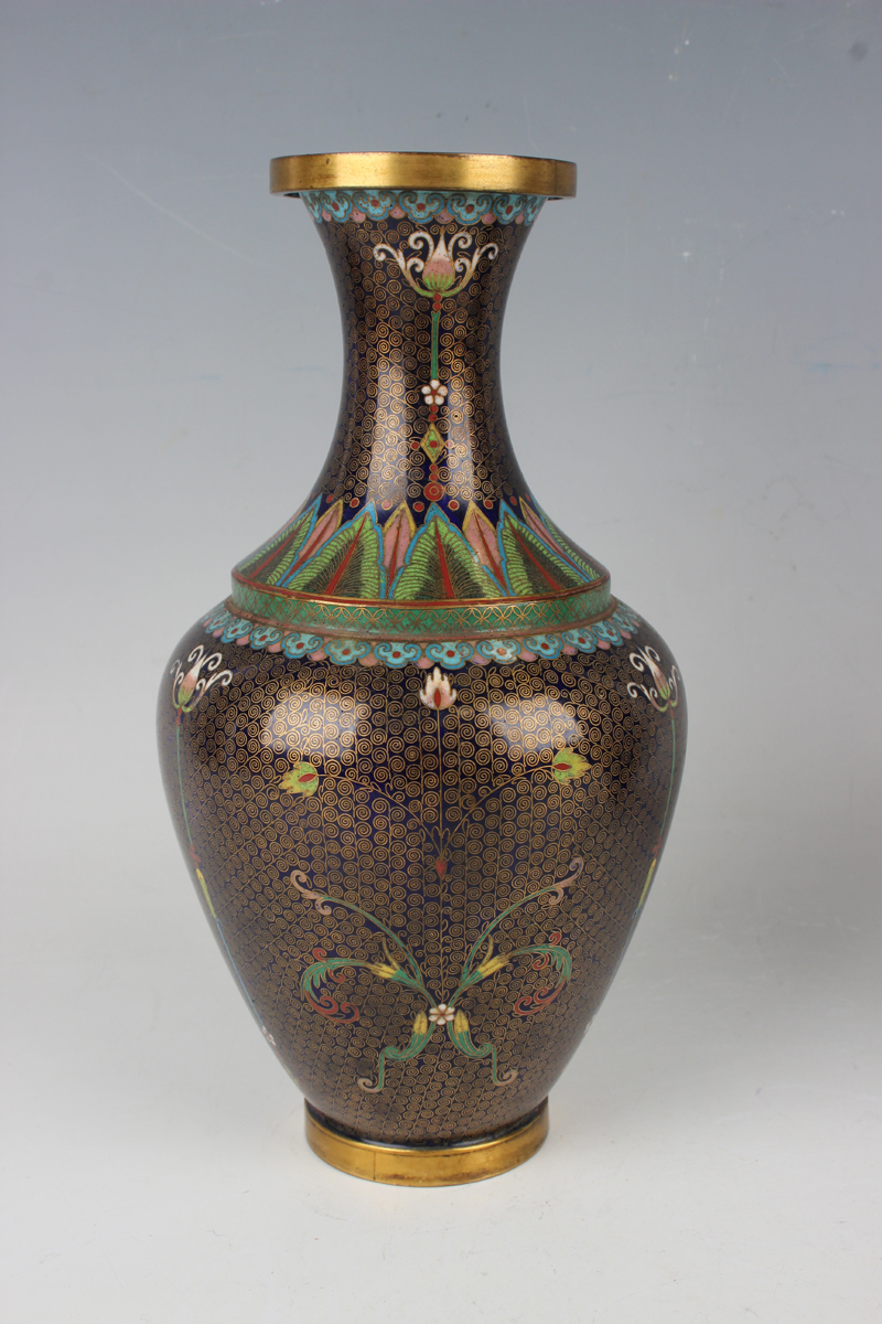 A pair of Chinese cloisonné bottle vases, early 20th century, each ovoid body and flared narrow neck - Image 9 of 12