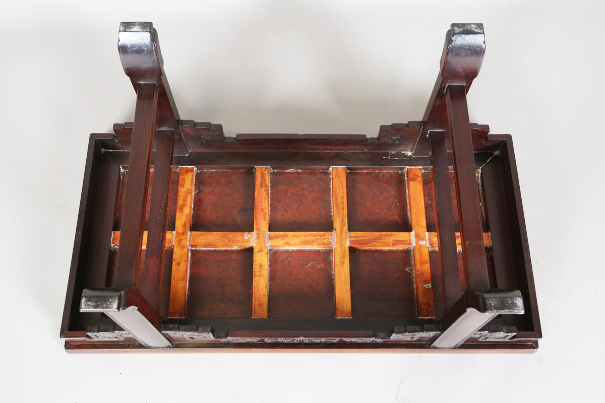 A Chinese hardwood low table, 20th century, the rectangular top inset with a burr wood panel, the - Image 6 of 20