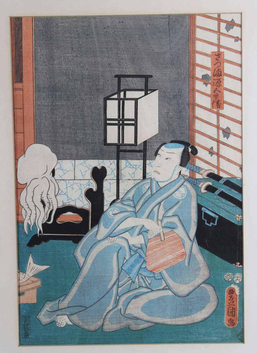 Utagawa Kunisada (1786-1864) - two Japanese oban tateye woodblock prints depicting Kabuki actors, - Image 6 of 8