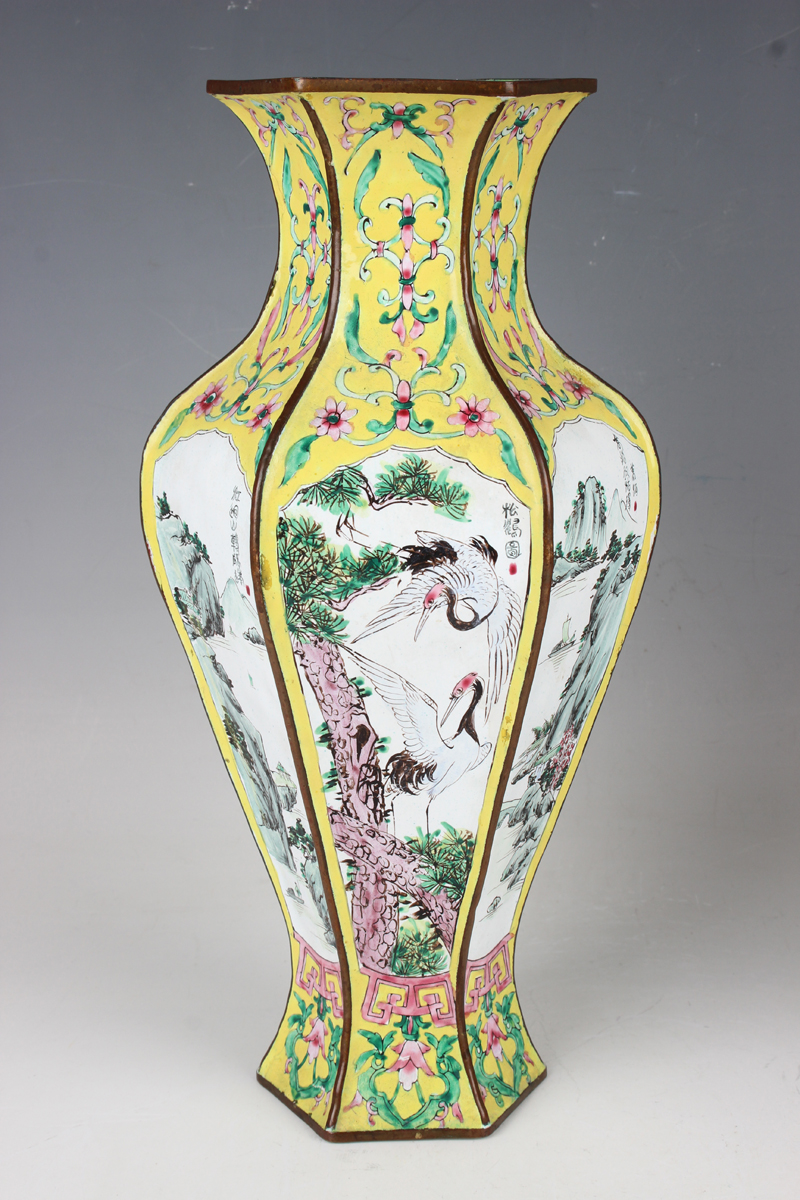 A pair of Chinese Canton enamel vases, 20th century, each of hexagonal baluster form, each facet - Image 14 of 16