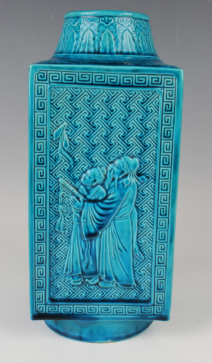 A Chinese turquoise glazed porcelain cong vase, late 19th century, each side moulded in relief - Image 9 of 10