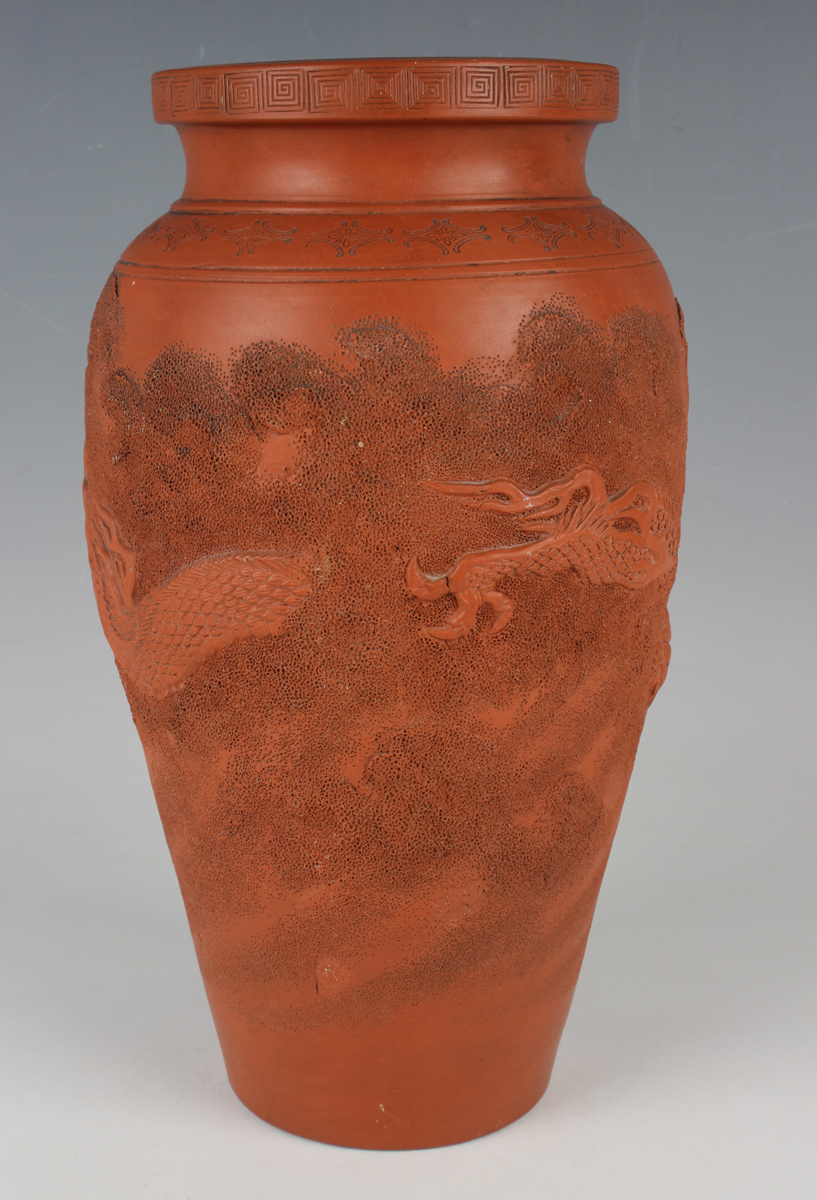 A Japanese red stoneware vase, Meiji period, of shouldered tapering form, modelled in relief with - Image 9 of 11