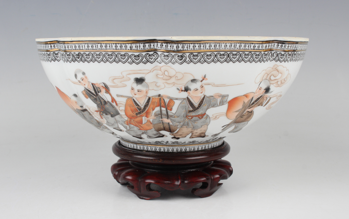 A Chinese eggshell porcelain bowl, mark of Qianlong but mid-to-late 20th century, of lobed