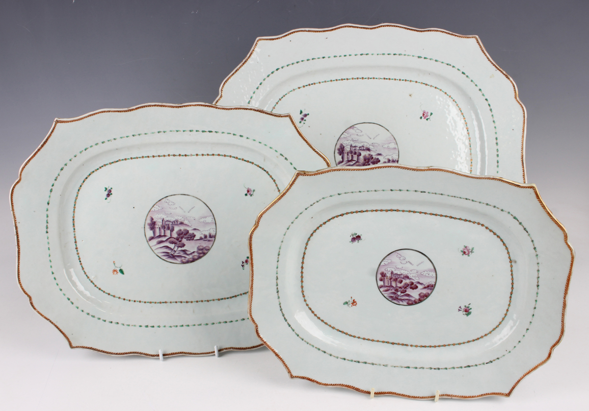 A graduated set of three Chinese export porcelain meat dishes, Qianlong period, each with shaped