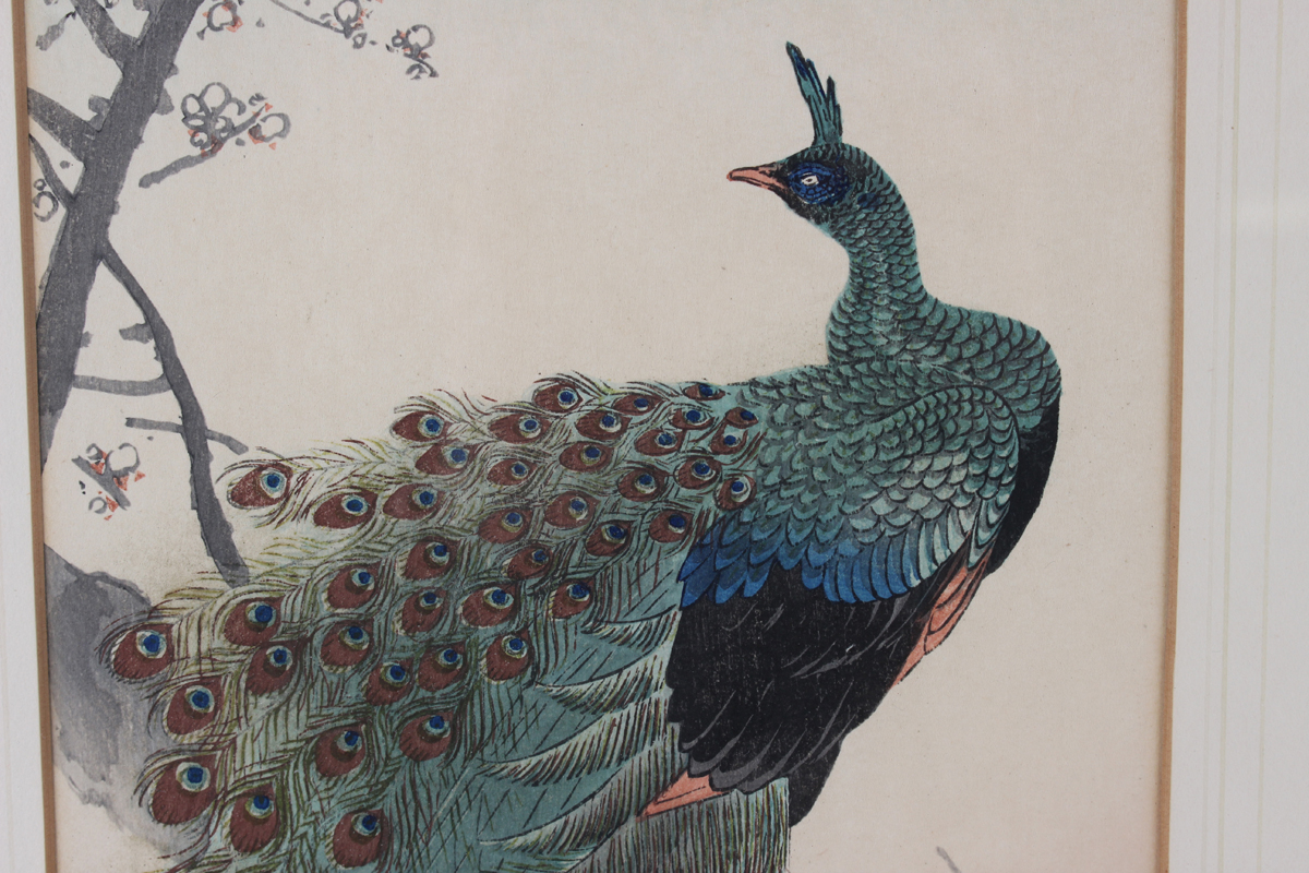 Sozan Ito (born 1884) - a pair of Japanese woodblock prints, early 20th century, depicting a peacock - Image 4 of 10