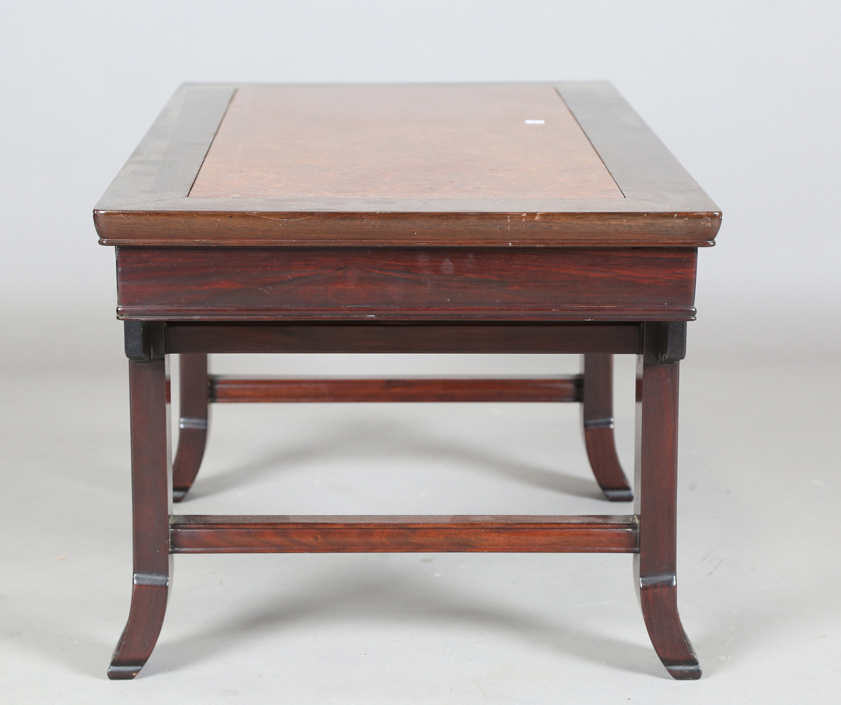 A Chinese hardwood low table, 20th century, the rectangular top inset with a burr wood panel, the - Image 7 of 20