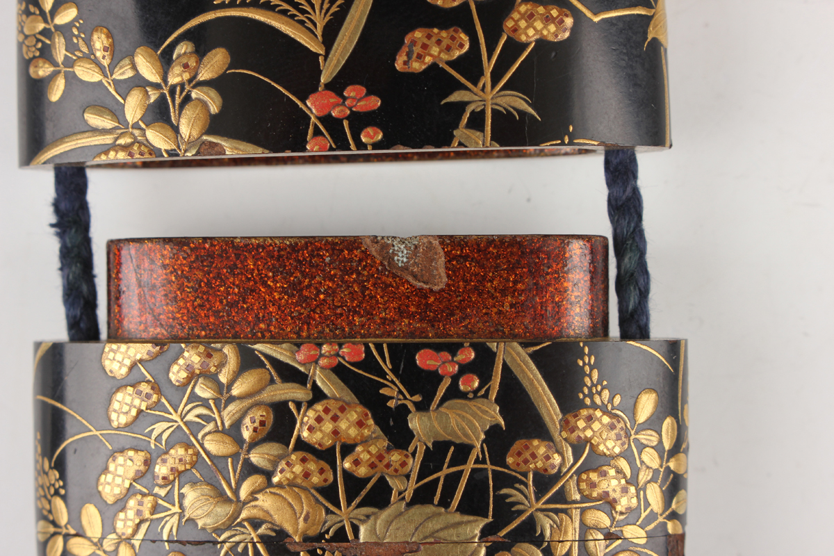 A Japanese lacquer three-case inro, Meiji period, of flattened oblong form, each side finely - Image 4 of 8