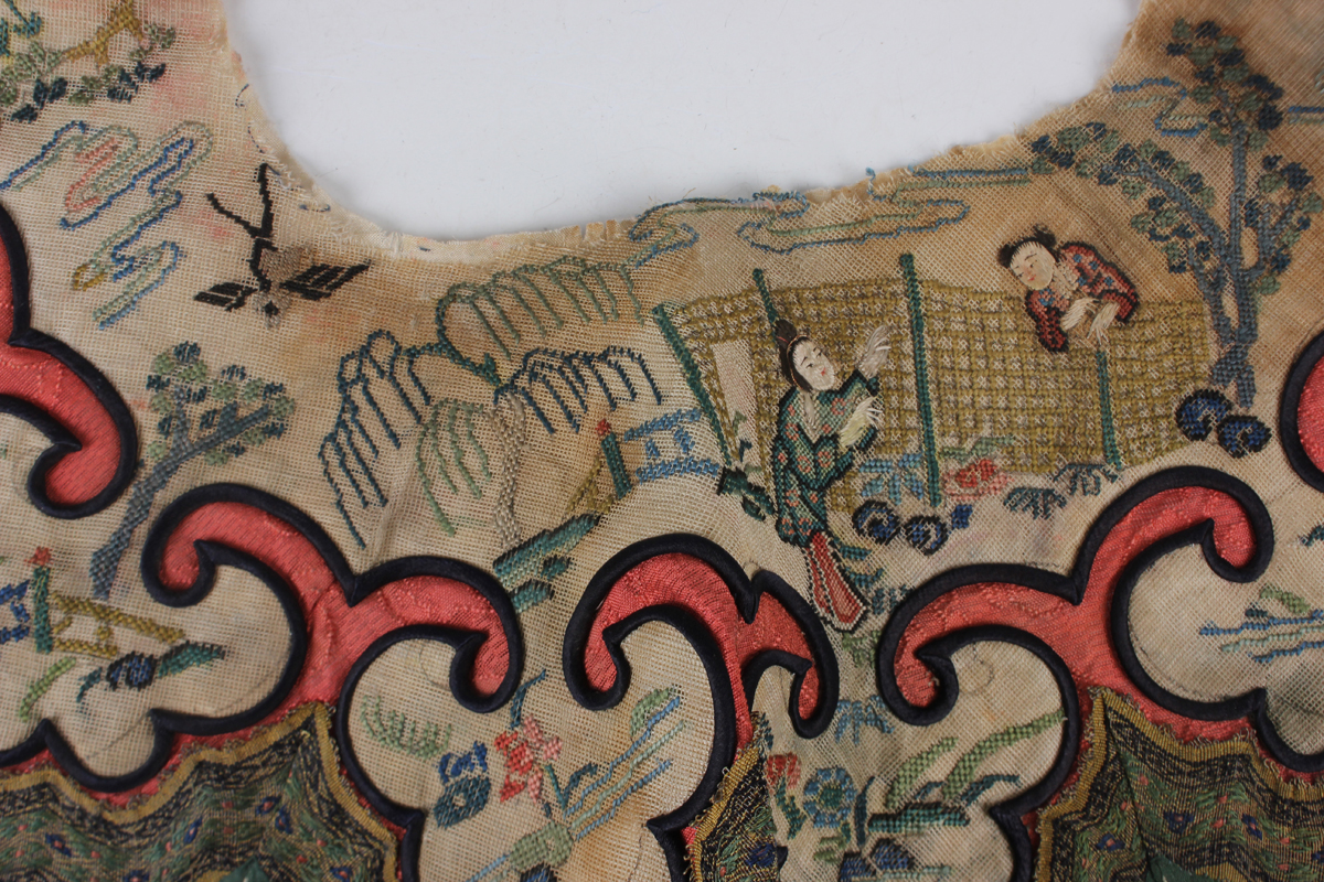 A small collection of Chinese export silkwork, late Qing dynasty, including a collar, decorated with - Image 43 of 43