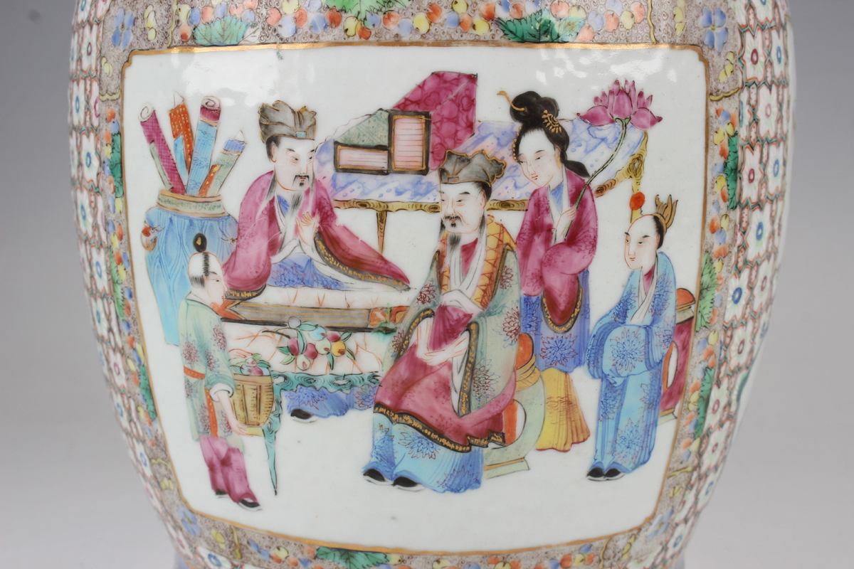 A pair of Chinese Canton famille rose porcelain vases, mid-19th century, each shouldered body and - Image 8 of 24
